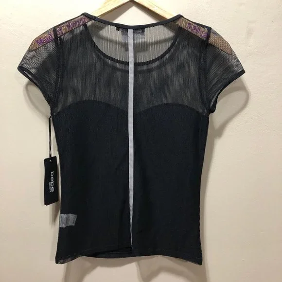 {bebe sport} NWT Black Mesh Sweatheart Top - Picture 7 of 10